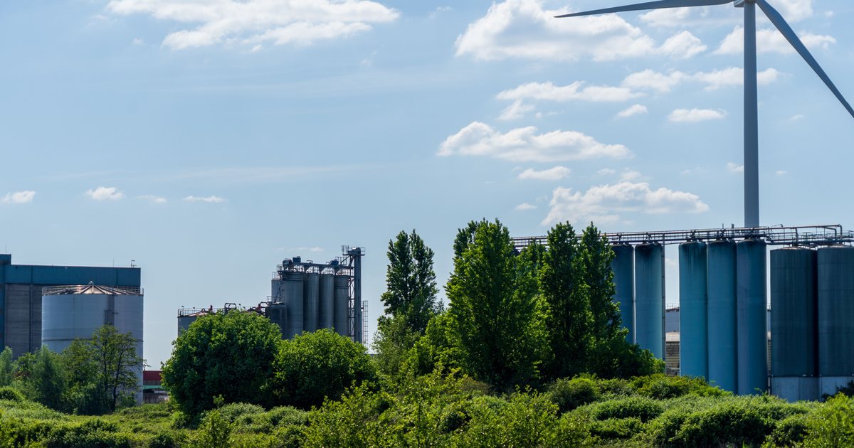 Aerogenerador junto a depósitos industriales rodeados de vegetación