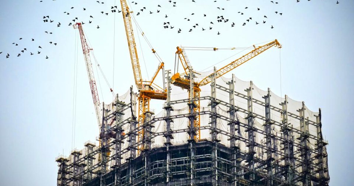 Silueta de una grúa de construcción con aves volando al atardecer
