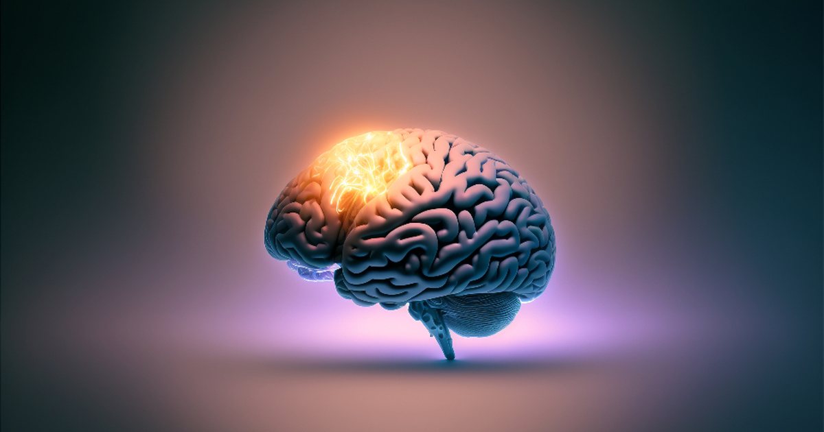 Ilustración digital de un cerebro humano brillante en tonos violeta sobre fondo oscuro